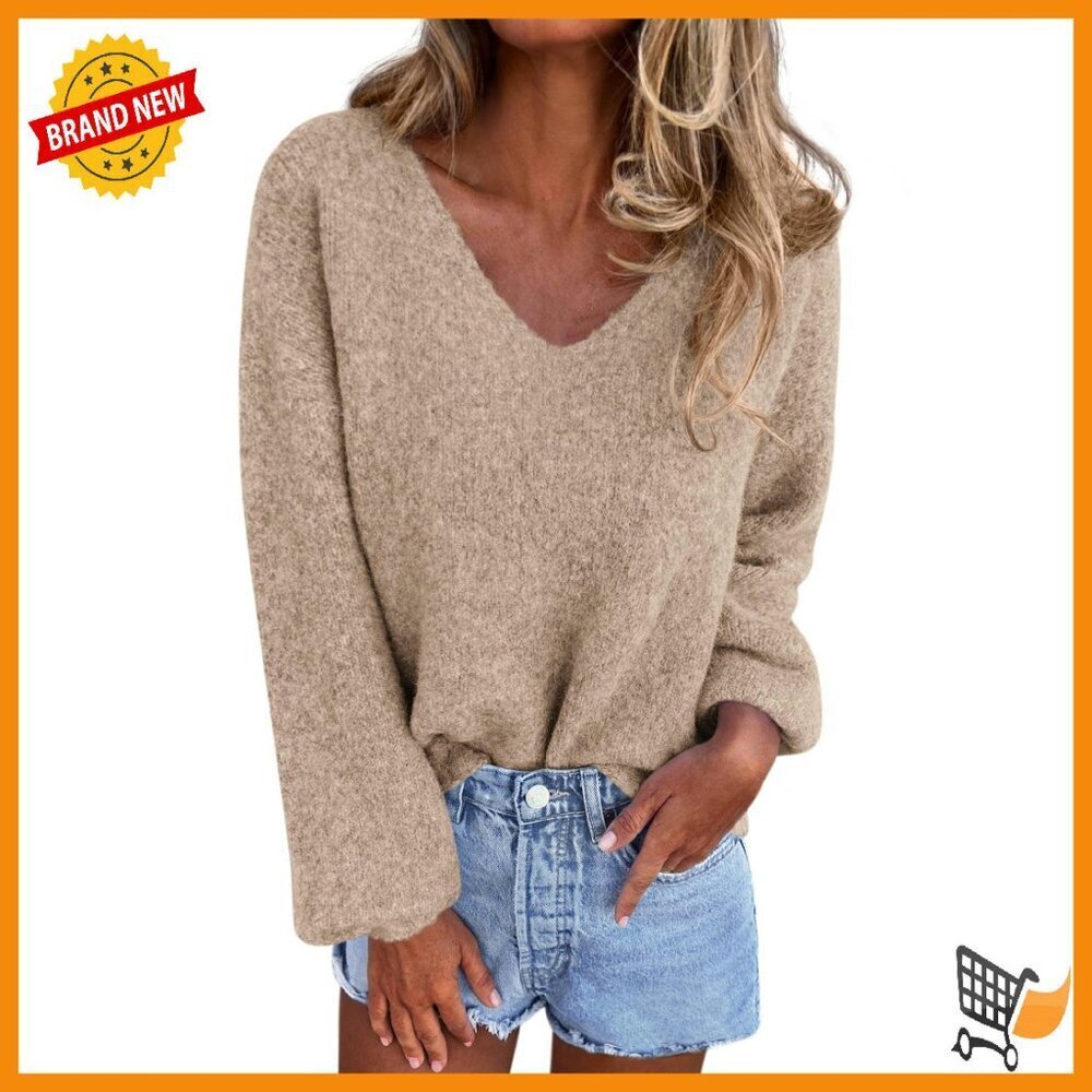 Oversized V-Neck Pullover Sweater, Soft Knit Fabric, Long Sleeve Cozy Winter Top